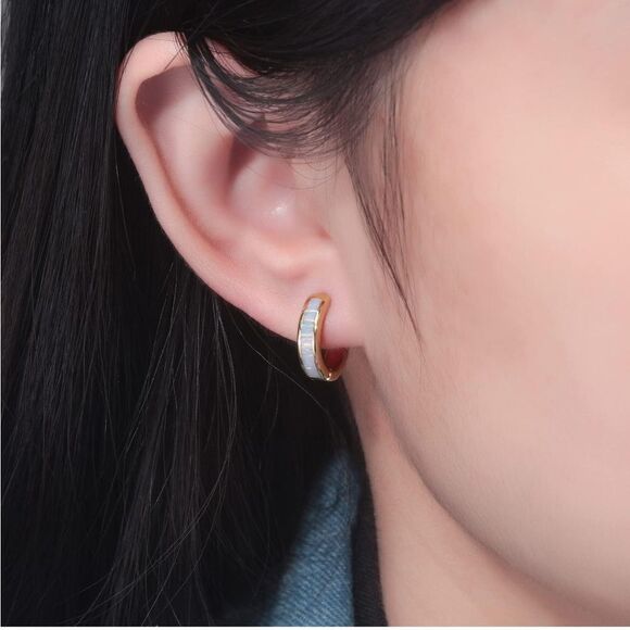 14K Yellow Gold with Genuine White Fire Opal Huggie Hoop Snap Hinge Earrings - Picture 4 of 4